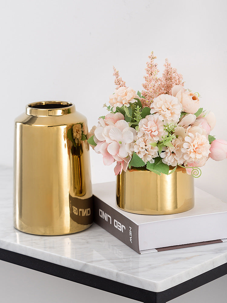 Brass Golden Ceramic Vase Nordic Home Living Room Decoration Dried Flowers Pen Holder Floral