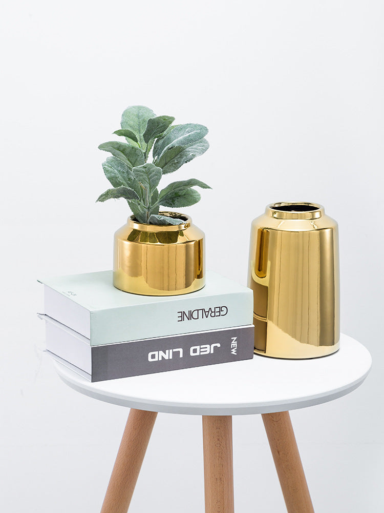 Brass Golden Ceramic Vase Nordic Home Living Room Decoration Dried Flowers Pen Holder Floral