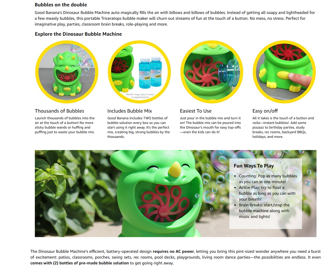 Dinosaur bubble machine with features and benefits highlighted