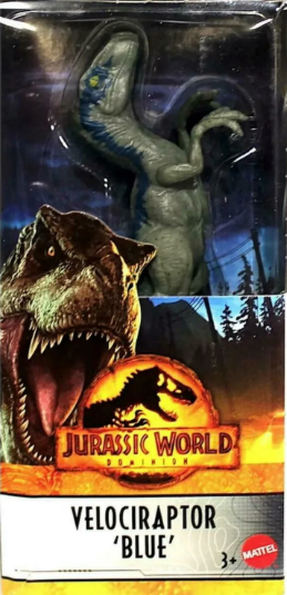 Jurassic World Velociraptor 'Blue' action figure packaging with dinosaur illustrations.