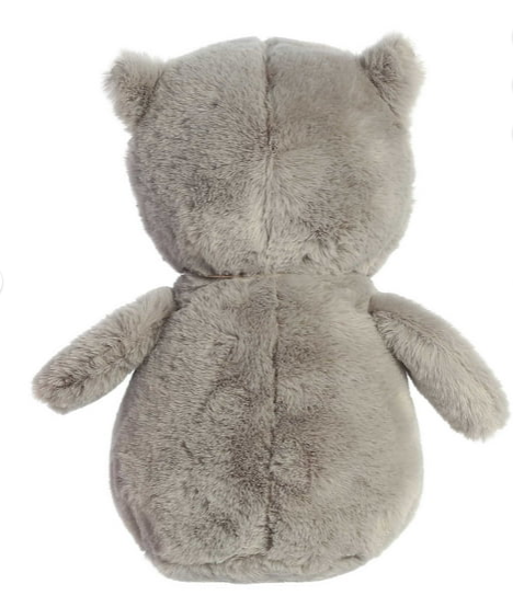 Back view of a gray plush toy on a white background