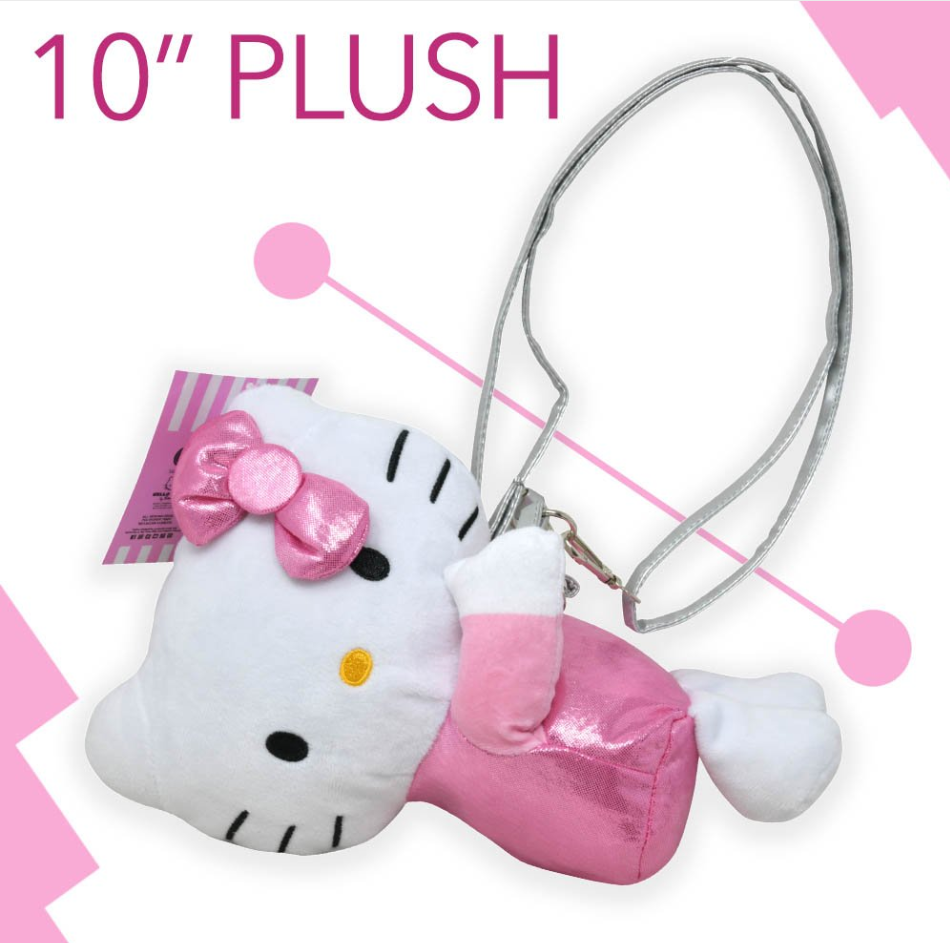 Plush toy with pink bow and dress on a white background
