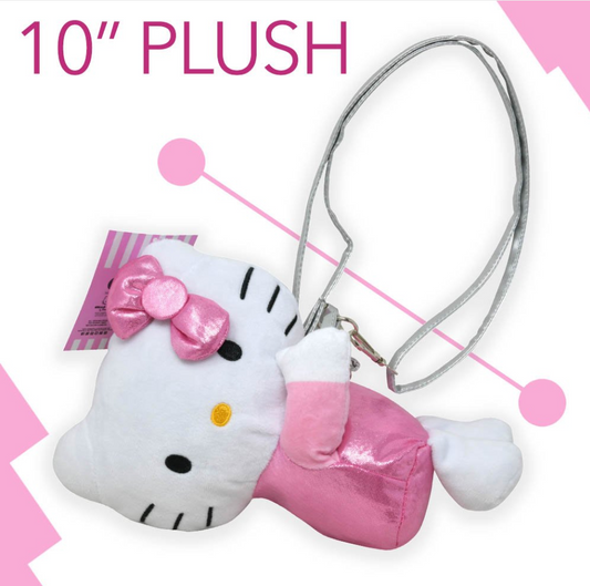 Plush toy with pink bow and dress on a white background