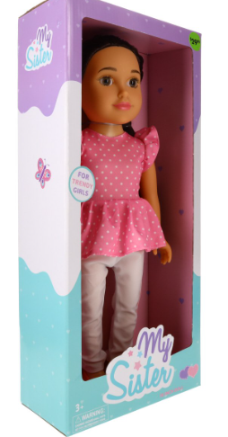 “My Sis 18-inch doll wearing pink polka dot ruffle top and white leggings, standing upright with long brown hair – perfect gift for girls, available at Lotatoy Children Toys and More.