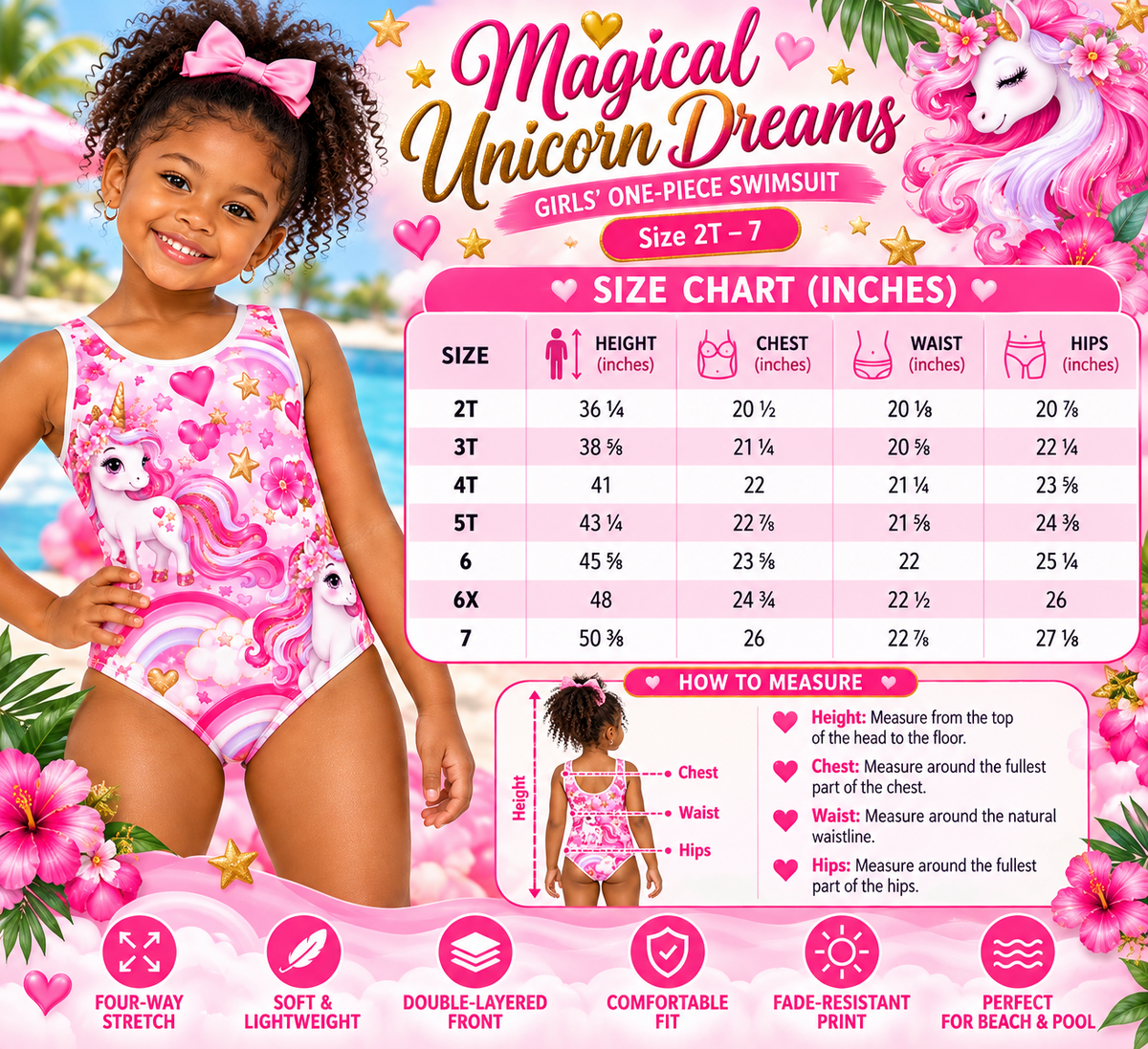 Magical Unicorn Dreams – Girls’ Pink Unicorn One-Piece Swimsuit