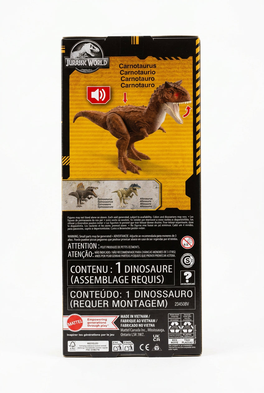 The back of a Mattel Jurassic World toy dinosaur assembly box, featuring a brown T-rex illustration and product details in Portuguese and English, photographed on a white fabric background.