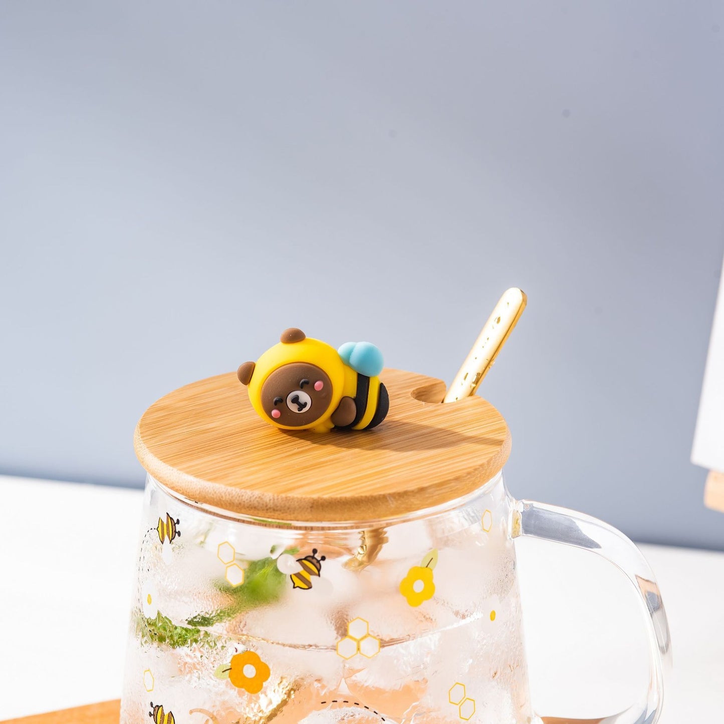 Cartoon Bee High Borosilicate Glass Cup With Lid