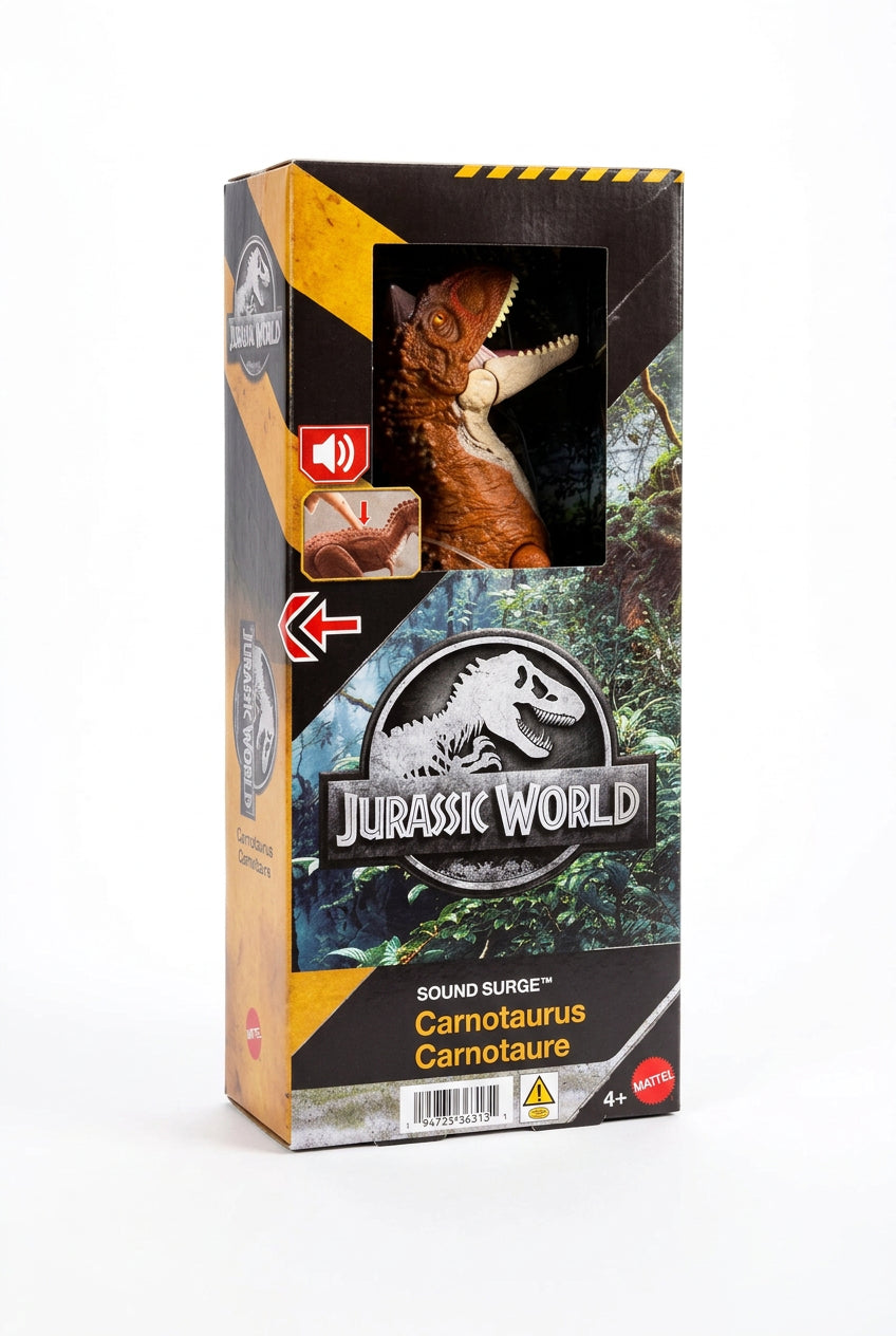 A boxed Mattel Jurassic World Sound Surge Carnotaurus toy figure in its original retail packaging, placed on a light-colored fabric surface.
