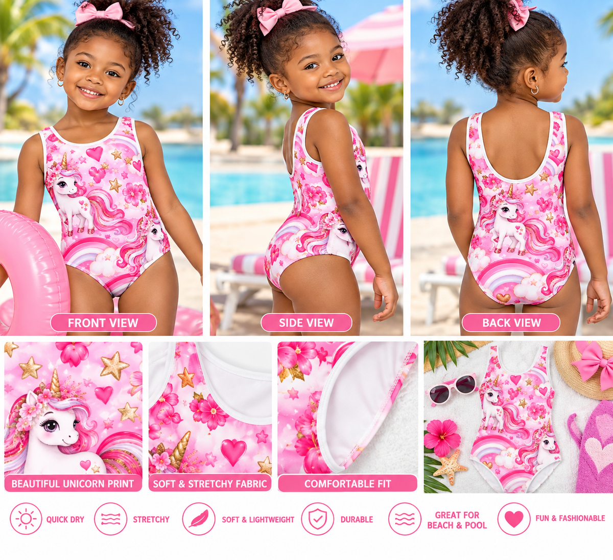 Magical Unicorn Dreams – Girls’ Pink Unicorn One-Piece Swimsuit