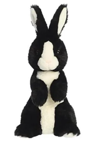 Aurora 14-inch Vibrant Spring Sitting Pretty Bunny Plush in black and white upright position — soft decorative stuffed animal toy available at Lotatoy Children Toys and More