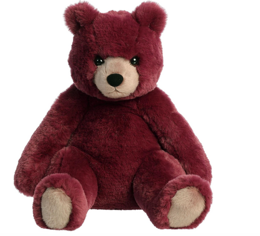 vintage burgundy teddy bear named Humphrey with soft fur and huggable arms