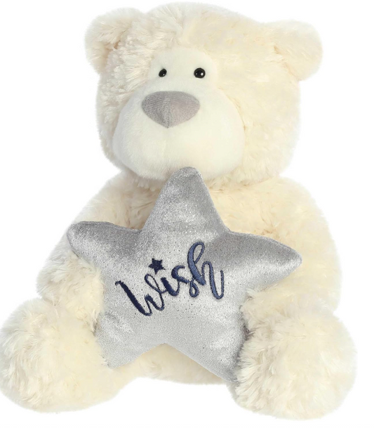 eco-friendly white teddy bear holding silver star embroidered with Joy, holiday plush gift for kids and adults