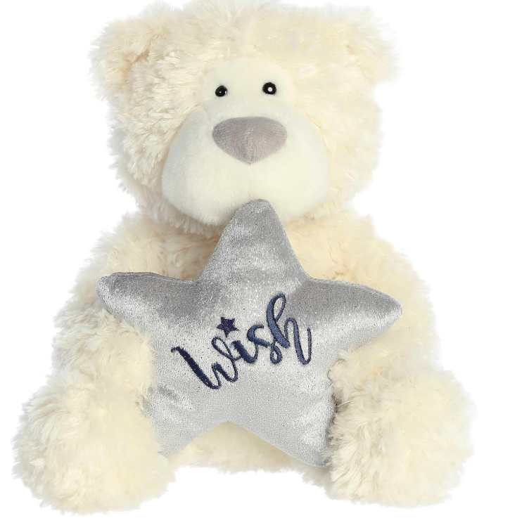 Cuddly  Aurora teddy bear holding a silver star with 'Wish' on a white background