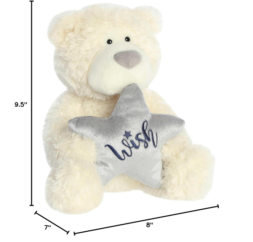 close up of silver star with Joy embroidery on Wish Bear holiday plush toy