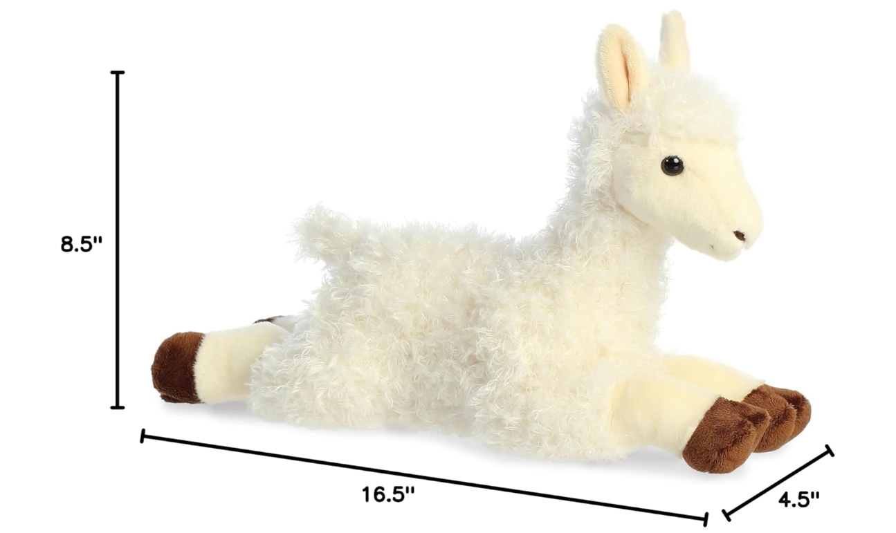 Plush llama toy with dimensions on a white background