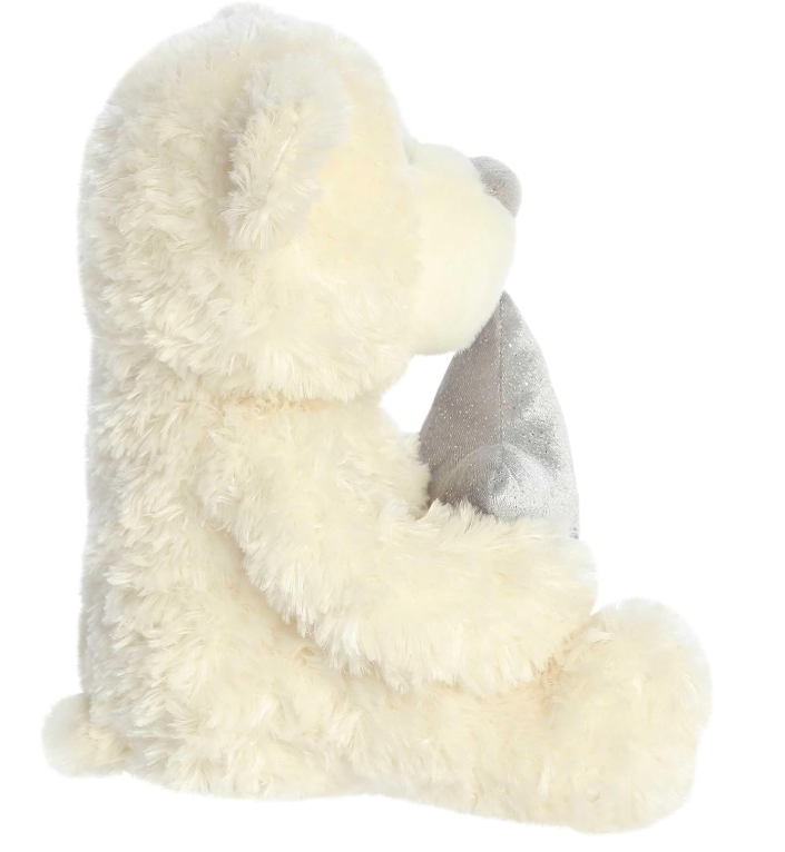side view of Wish Bear holiday plush, soft white eco teddy bear with silver star accessory