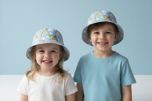 Bucket hat with rainbow and cloud pattern on a light blue background