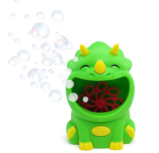 Green dinosaur-shaped bubble machine with yellow horns and bubbles on a white background