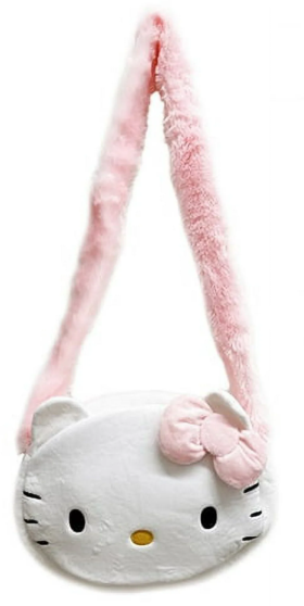 Hello Kitty 12-inch plush shoulder bag with pink fuzzy strap and signature bow – cute crossbody handbag for kids and Hello Kitty fans from Lotatoy