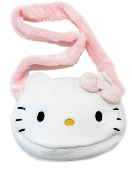 Hello Kitty 12-inch plush shoulder bag with pink fuzzy strap and signature bow – cute crossbody handbag for kids and Hello Kitty fans from Lotatoy