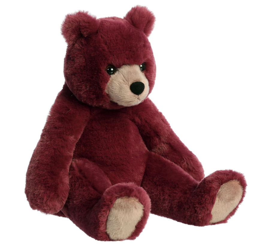 classic teddy bear plush in burgundy color with friendly smile