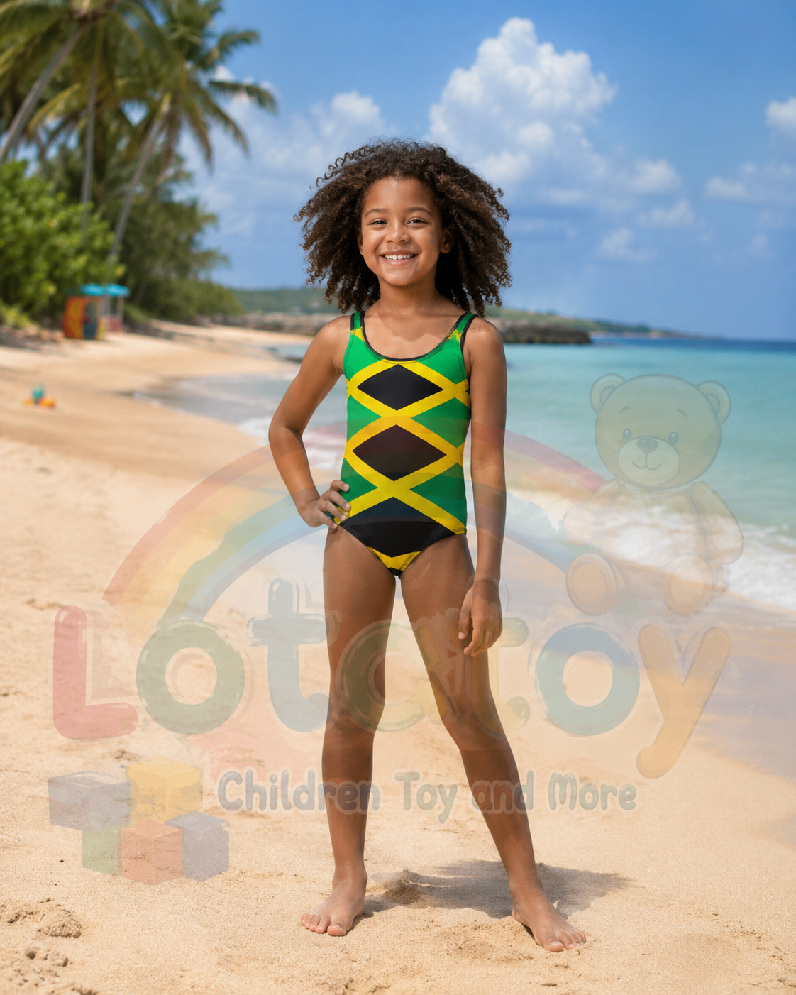 A young girl with curly hair stands on a sandy beach wearing a one-piece swimsuit with the Jamaican flag colors: green, yellow, and black. The background shows a tropical beach with palm trees, blue ocean, and sky.