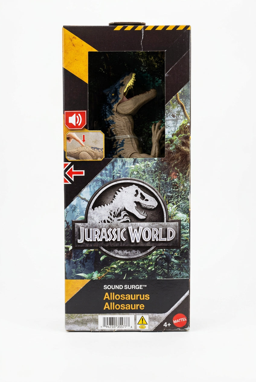 Packaged Mattel Jurassic World Sound Surge Allosaurus figure in its original retail box, resting on a white fabric surface.