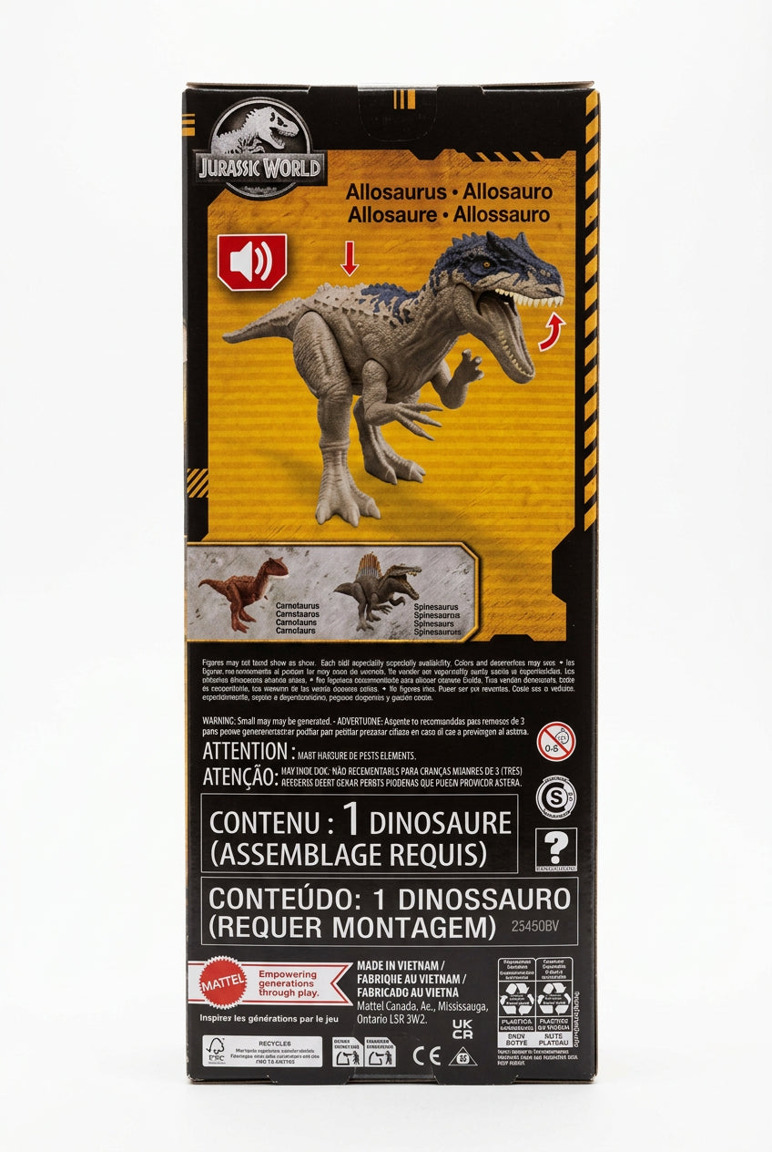 A boxed Jurassic World dinosaur toy package lying on white fabric, with a visible person's hand and arm holding or resting near it. The box shows a T-rex illustration, age warning icons, assembly text, and Jurassic World branding.