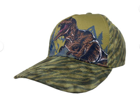 Camouflage baseball cap with a dinosaur design on a white background