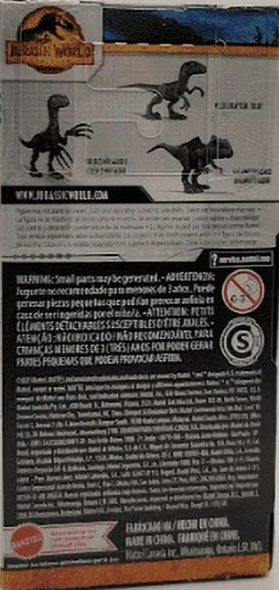 Back view of a dinosaur toy packaging with branding and text.