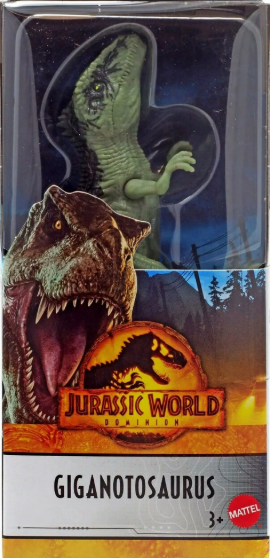 Jurassic World Giganotosaurus toy figure packaging with dinosaur illustration