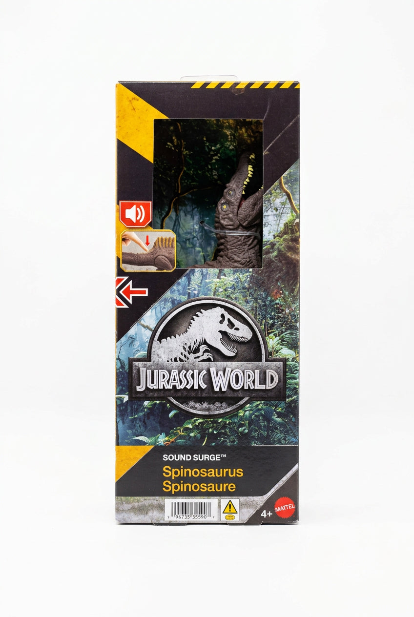 Jurassic World Sound Surge Spinosaurus toy packaging, featuring a window display of the dinosaur toy and the official Jurassic World logo on a white background.
