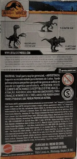 Back view of a toy dinosaur packaging with branding and text.