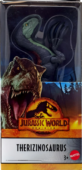 Jurassic World Therizinosaurus toy figure packaging with dinosaur illustration and Mattel logo.