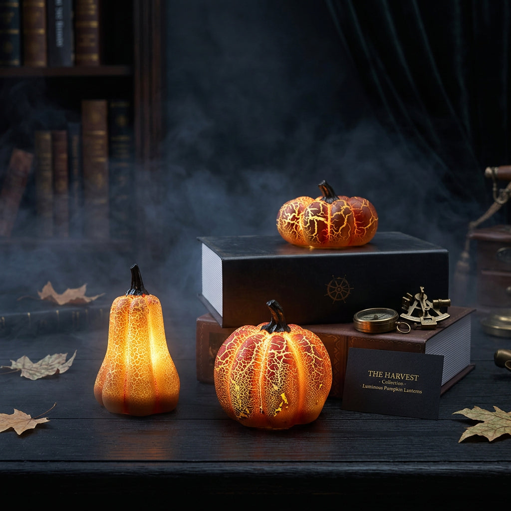 Three pumpkin-shaped lanterns with LED lights, imitating the texture and color of a pumpkin, displayed on a dark background.