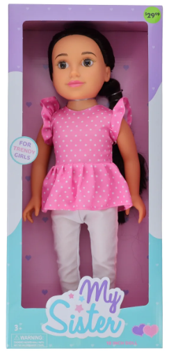 “My Sis 18-inch doll wearing pink polka dot ruffle top and white leggings, standing upright with long brown hair – perfect gift for girls, available at Lotatoy Children Toys and More.