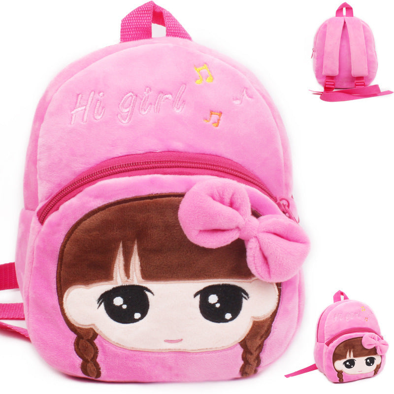 Pink plush backpack with cartoon face and 'Hi girl' text on a white background