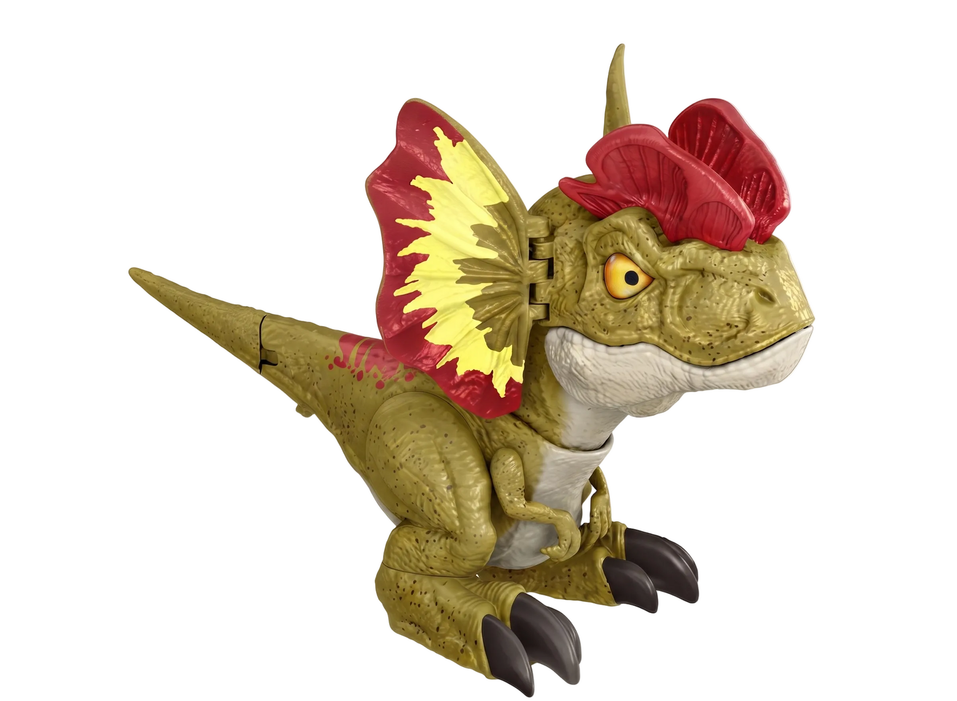 A toy dinosaur figure resembling a theropod with olive green skin, a red and yellow crest, a white underbelly, and dark claws, shown on a plain light gray background.