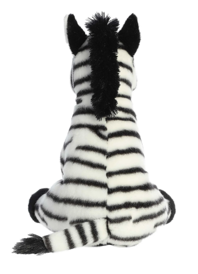 Plush zebra toy with black and white stripes on a white background