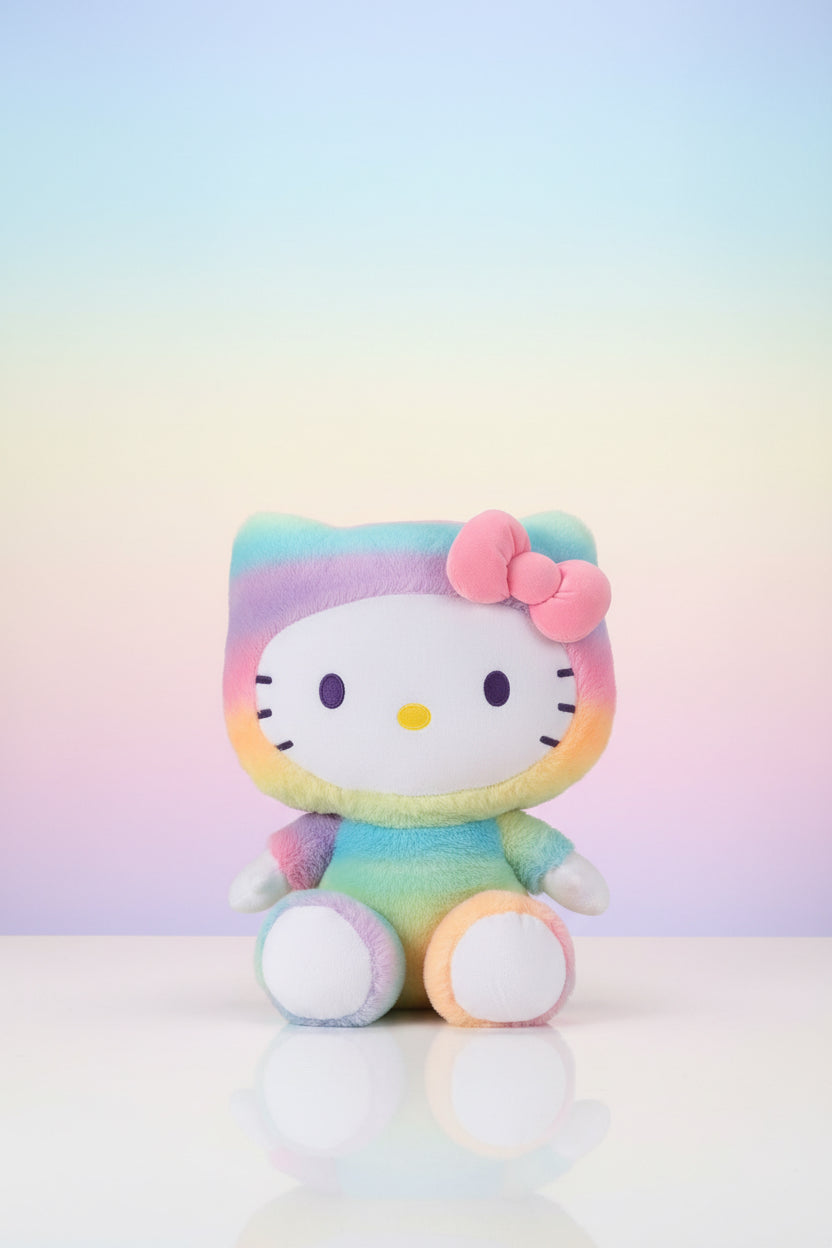 A pastel rainbow Hello Kitty plush toy sitting on a reflective white surface against a soft gradient background that transitions from light blue to pale yellow and pink.