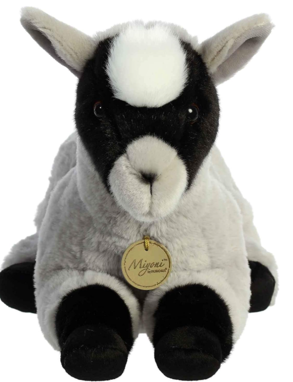 Soft grey and white Aurora Miyoni Pygmy Goat plush laying down