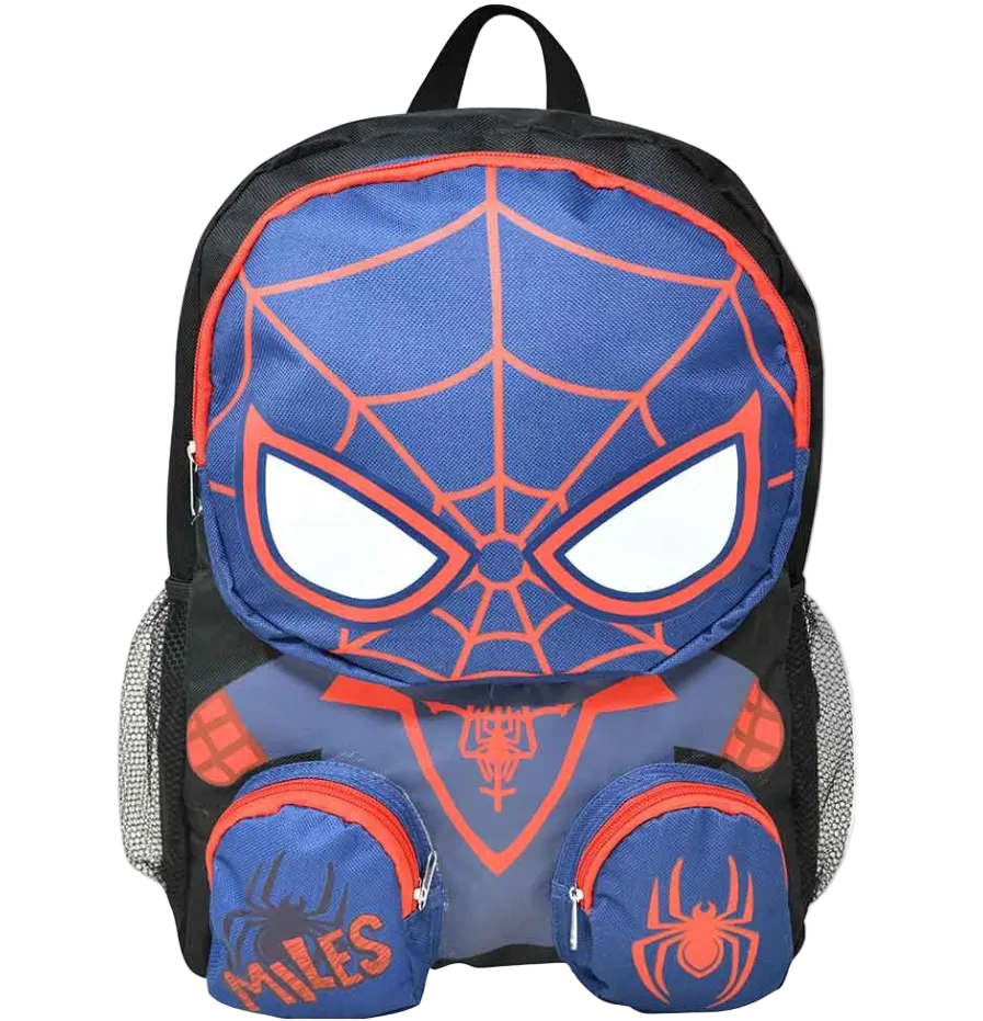 Spider-Man themed backpack with face design on a white background
