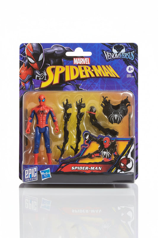 Hasbro Marvel Spider-Man action figure in its original blister packaging, featuring the Spider-Man figure, Venom symbiote accessory, and interchangeable hands on a purple and blue cardback.