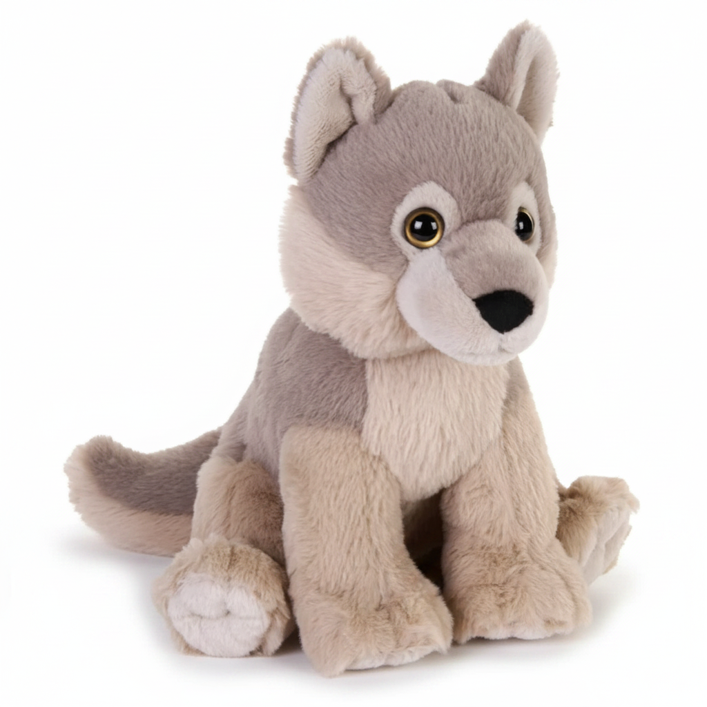 A plush stuffed wolf toy in shades of gray, beige, and cream, sitting against a plain white background.