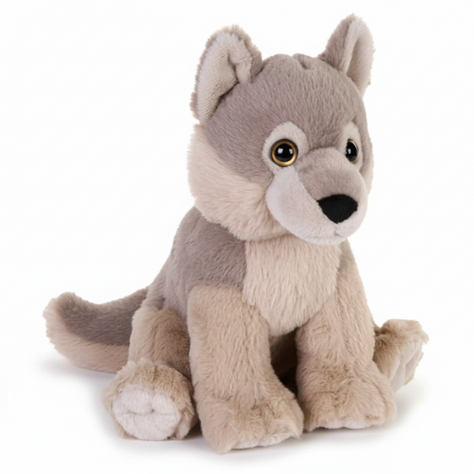 A plush stuffed wolf toy in shades of gray, beige, and cream, sitting against a plain white background.