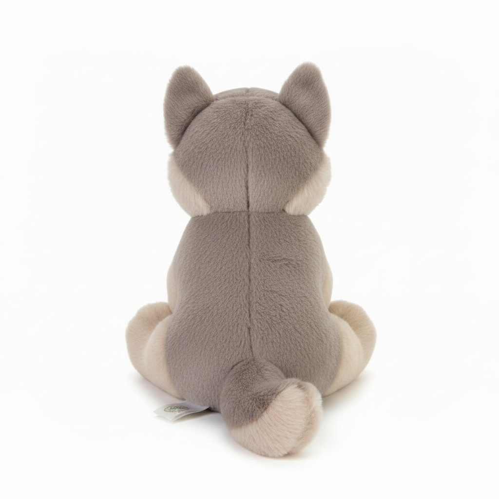 A plush dog toy shown from the back, featuring a soft gray-brown body with cream-colored paws, ears, and tail tip, sitting against a solid white background.