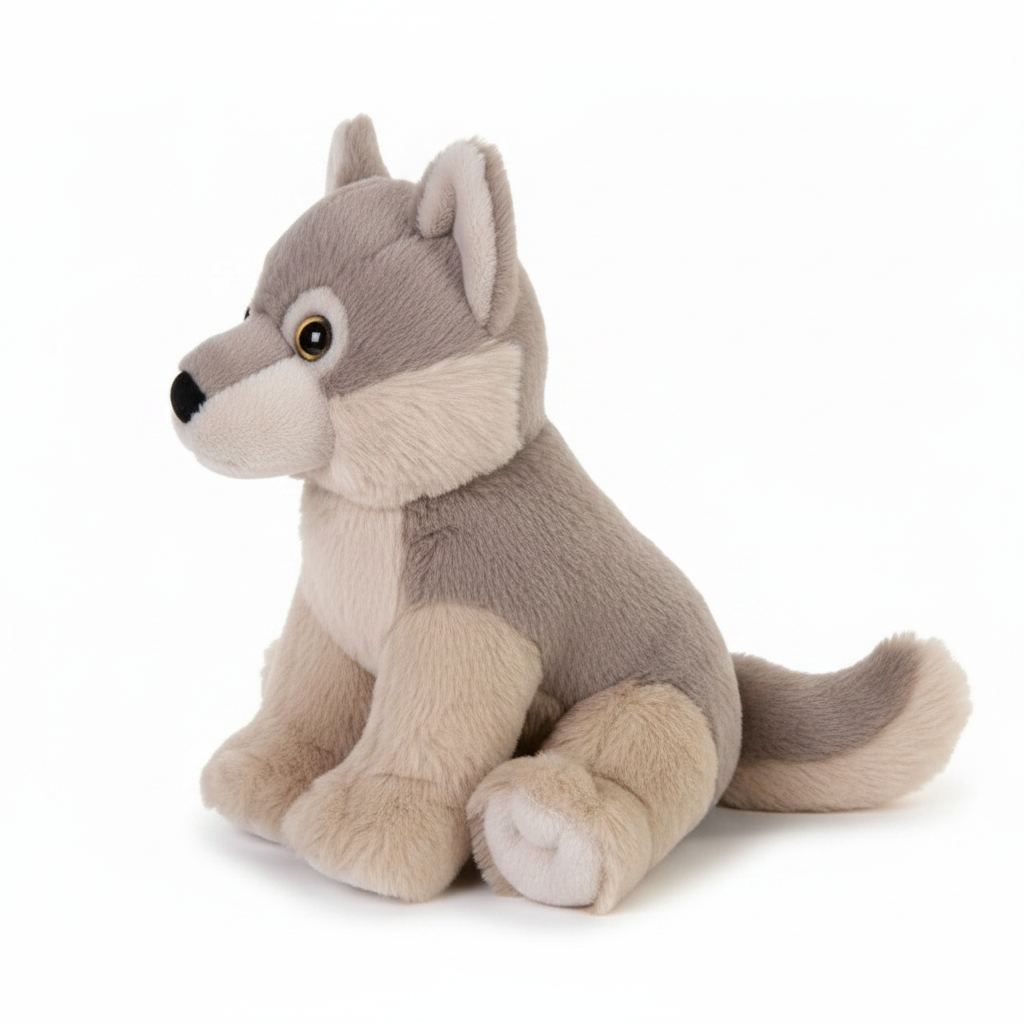 A plush stuffed animal shaped like a sitting gray and cream wolf or husky, photographed on a clean white studio background.