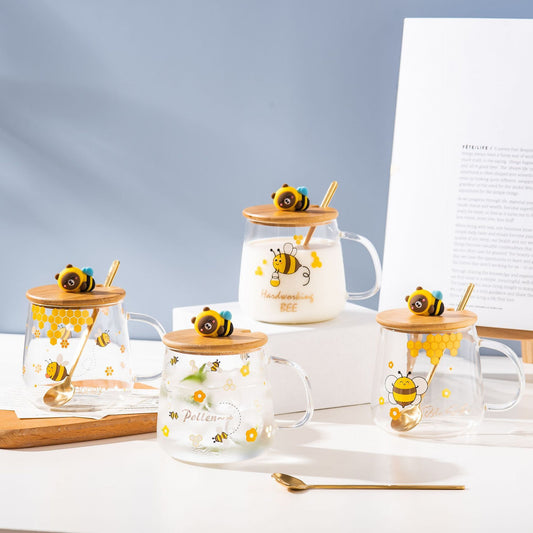 Cartoon Bee High Borosilicate Glass Cup With Lid