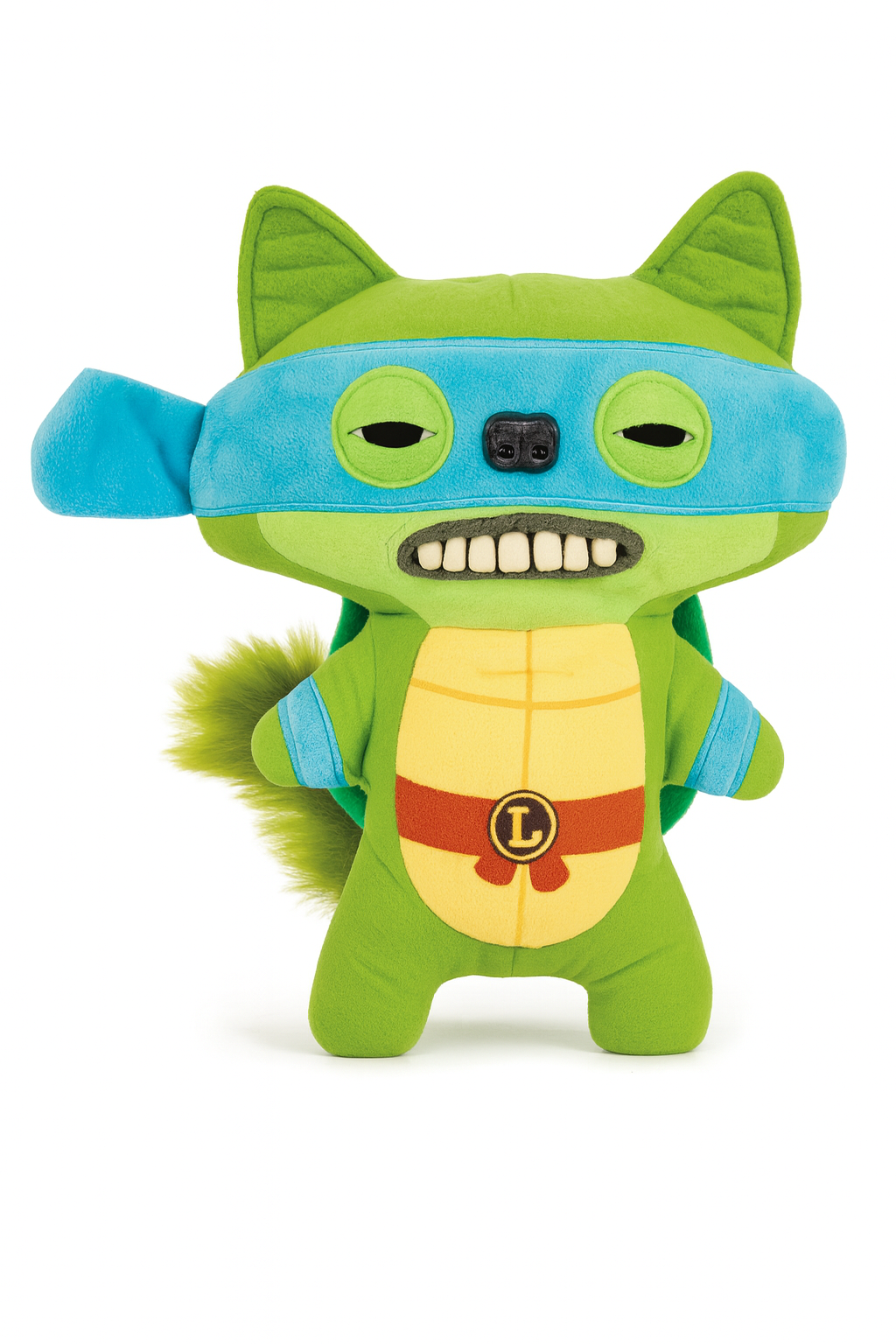 Green plush toy with blue mask and yellow chest on a white background