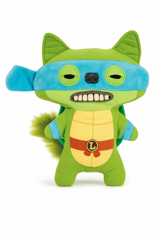 Green plush toy with blue mask and yellow chest on a white background